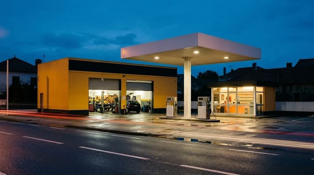 Um posto de combustível ao fim do dia com uma oficina amarela iluminada atrás das bombas