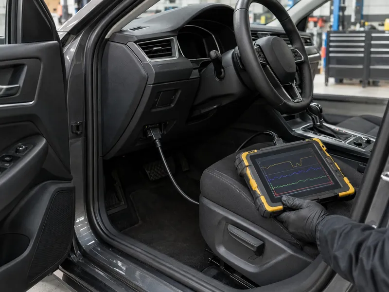 Um tablet de diagnóstico ligado a um carro na oficina