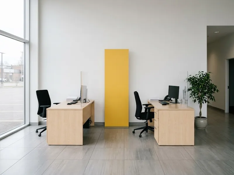Uma receção luminosa com um totem amarelo de marca